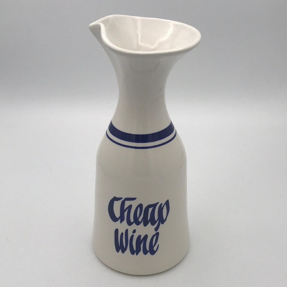 VTG Ceramic "Cheap Wine" 10-3/4" Carafe/Pitcher‎ White w/ Blue Lettering